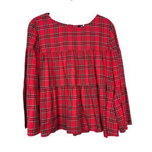 Madewell Red and black plaid tiered top bell sleeves holidays party festive